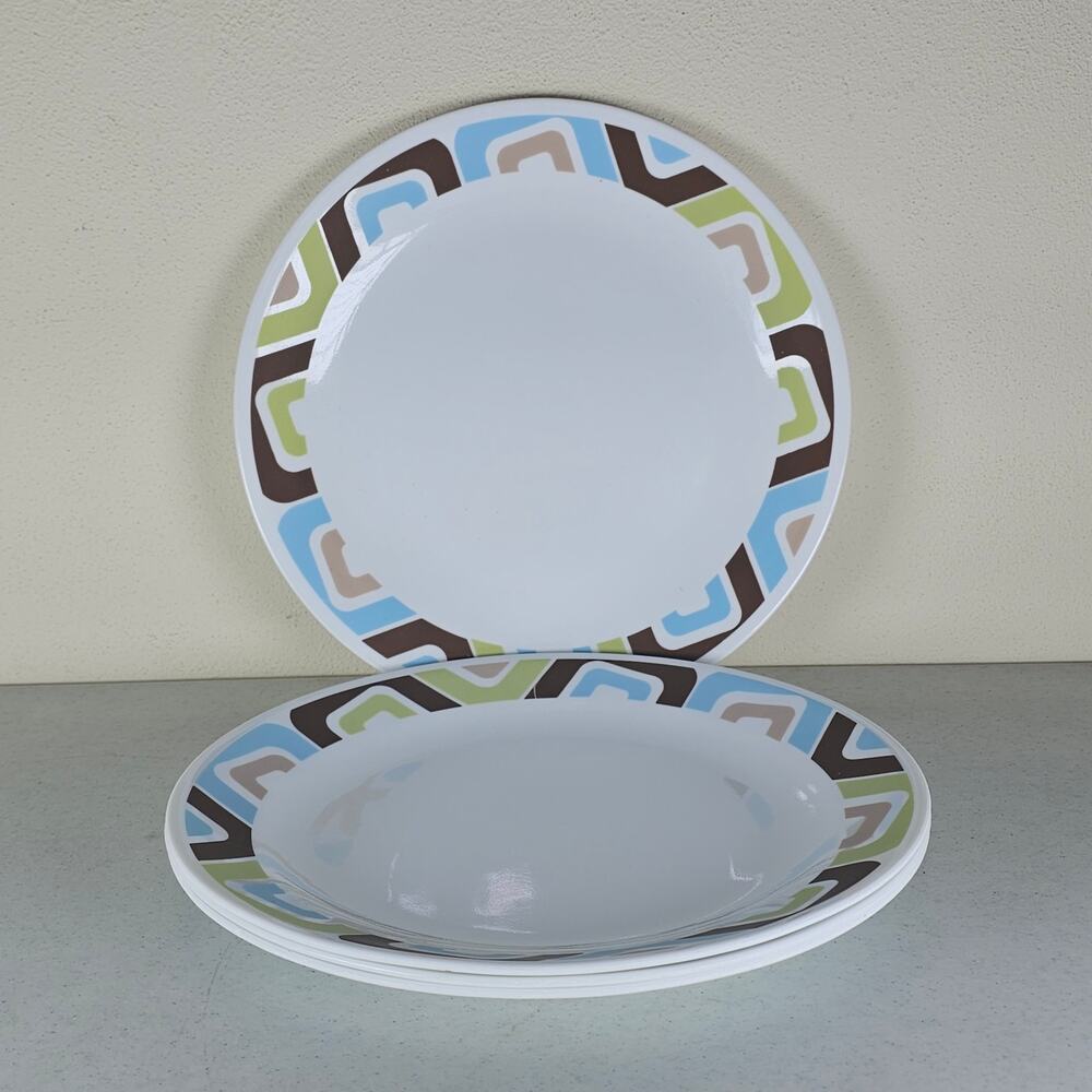 4 Corning Corelle Dishes SQUARED Dinner Plates 10.25” Blue Brown & Green